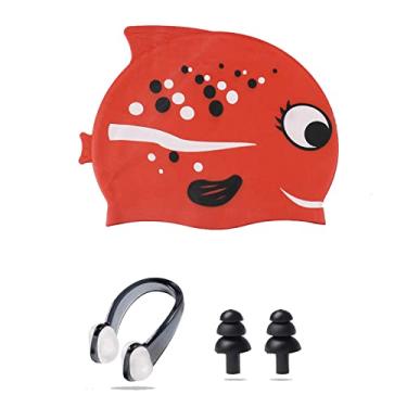 Imagem de Ancaiqi Touca de natação infantil, touca de natação de silicone para meninas, meninos, crianças, touca de banho impermeável para peixes e tubarões com clipe de nariz para cabelos longos e curtos