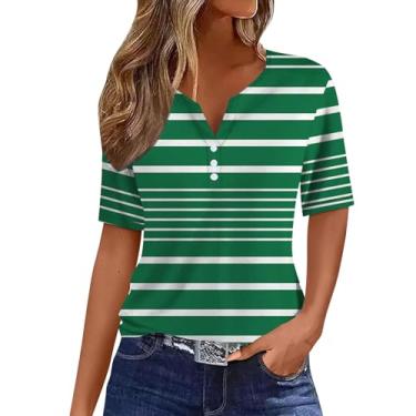 Imagem de Camiseta feminina moderna casual listrada com botão patchwork manga curta camiseta atlética de compressão feminina, Verde, 3G