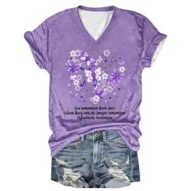 Imagem de Camisetas femininas de conscientização de Alzheimers verão roxo floral estampa borboleta blusa casual manga curta gola V túnica, Bege, G