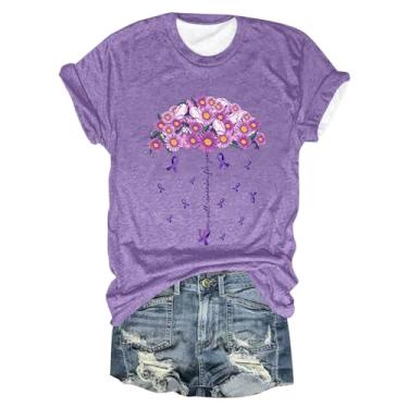 Imagem de Camisetas femininas de conscientização de Alzheimers para o verão, casual, roxo, floral, guarda-chuva, camisetas de manga curta, gola redonda, blusa túnica, Bege, P