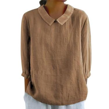 Imagem de Camisas de linho femininas de manga comprida com gola de lapela outono verão blusas soltas casuais cor sólida túnicas elegantes básicas, Caqui, 3G