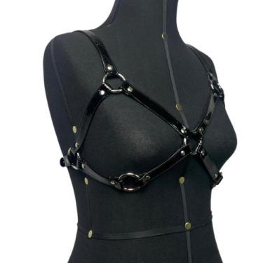 Imagem de Lingerie Couro Harness Feminino Peito Dominadora Preto Vinil PVC Latex