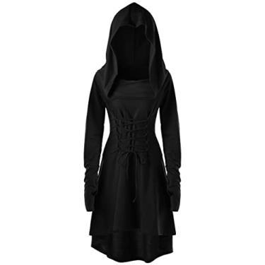 Imagem de FEOYA Vestido de moletom feminino com capuz medieval alto baixo robe steampunk gótico manga longa vestidos renascentistas, B Preto, Large