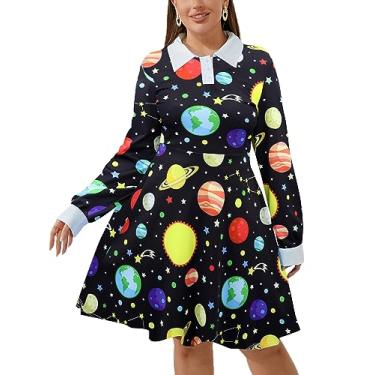 Imagem de Laqeyko Plus Size Miss Frizzle Costume Women Peter Pan Collar Teacher Science Magic School Bus Dress Galaxy Space Planet Halloween Dress Black LA246-3-1XL
