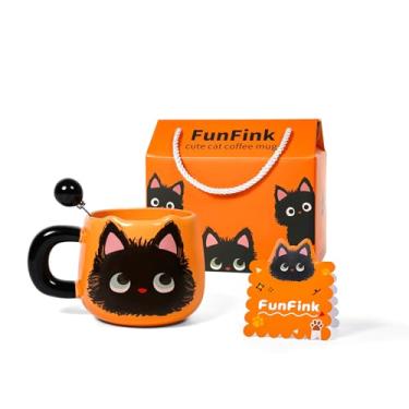 Imagem de FunFink Caneca de café de cerâmica de gato preto com colher, 400 ml - Presente fofo para amantes de gatos para mulheres e meninas, inclui caixa de presente e cartão de felicitações