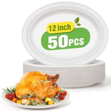 Imagem de Gezond Pratos de papel ovais 100% compostáveis, pacote com 50, grandes pratos descartáveis e resistentes, placas ecológicas de fibra de cana de açúcar, biodegradáveis para festas, churrasco e