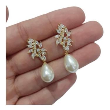 Imagem de Brinco Pérola E Zirconia Noiva Pequeno Delicado Dourado Gota - DeCastr