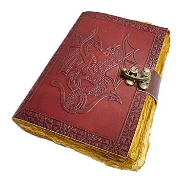 Imagem de AzureGreen DOUBLE DRAGON Livro de página em branco feito à mão em couro escrito sem forro diário 12 x 17 cm (marrom vintage)