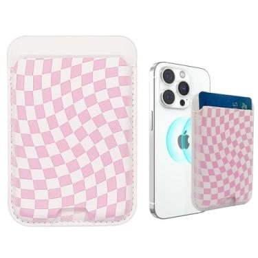 Imagem de sousukue Suporte magnético para cartão de telefone compatível com MagSafe Slim PU carteira de couro para iPhone 15/14/13/12 Series, Tabuleiro de xadrez rosa e roxo, Slim