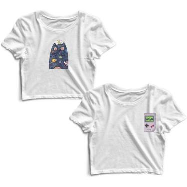 Imagem de Kit 2 Blusas Cropped Tshirt Feminina Gatinho Universo e Joguinho - Gou