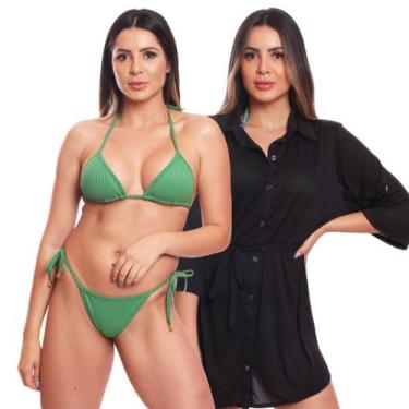 Imagem de Kit Saída de Praia Chemise Camisão Feminino + Biquini Cortininha de Am