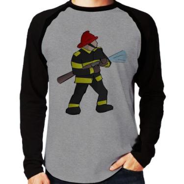 Imagem de Camiseta Raglan Bombeiro Manga Longa - Foca na Moda, Cinza, Preto, P