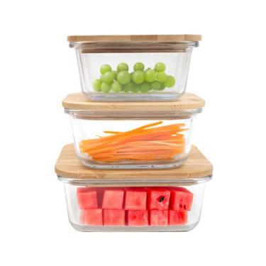 Imagem de kit 3 potes de vidro com tampa de bambu hermético marmita quadrados - 