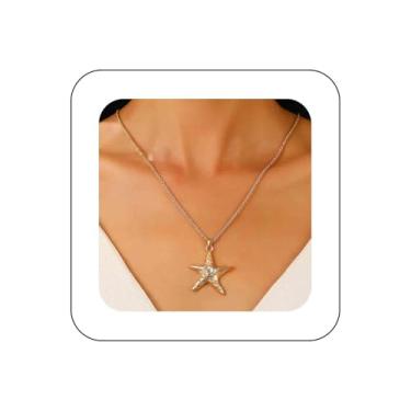 Imagem de Vacaonio Boho Colar grande com pingente de estrela do mar, colar gargantilha de estrela do mar, colar de estrela do mar, colar de corrente de metal para mulheres, Zinco, Sem Pedra Preciosa