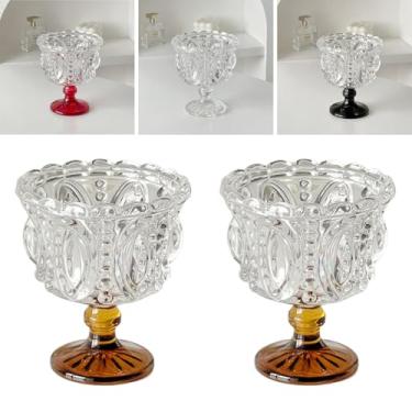 Imagem de Boxonly Conjunto de 2 copos de sobremesa de cristal em relevo - Taça com pés âmbar, 250 ml retrô sorvete e prato doce, 4,7 "x3,9" / 12 cm x 10 cm vidro sem chumbo