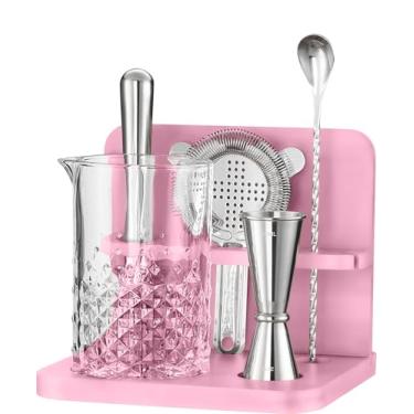 Imagem de Mixeries conjunto de copos de mistura de coquetel de cristal com suporte de bambu - 22 onças 650ml - fundo grosso e resistente, design durável e perfeito com acessórios de bar, rosa