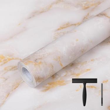 Imagem de Abyssaly Papel de contato de mármore 39,9 cm x 1000 cm, bancadas de mármore de ouro branco, papel de parede autoadesivo de mármore de granito para forro de prateleira com raspador, cortador de papel