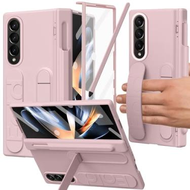 Imagem de YQODSZ Capa para Samsung Galaxy Z Fold 4 com suporte para caneta S e caneta Stylus, capa com suporte Z Fold 4 com alça de mão, protetor de tela com borda elevada para Z Fold 4, rosa