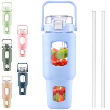 Imagem de BLUEGO Garrafas de água de vidro de 1,134 g com marcador de tempo de palha, garrafa de água motivacional grande de 2 litros com manga de silicone, jarro de água de vidro grande de 2 litros para