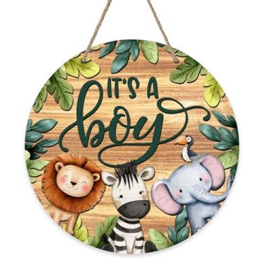 Imagem de Bolisom It's A Boy Baby Selva Animal Placa para Porta da Frente, Novo Nascimento, Revelação de Gênero Safári, Leão, Zebra, Elefante, Cabide de Madeira Decorativo, Decoração de Parede Interna