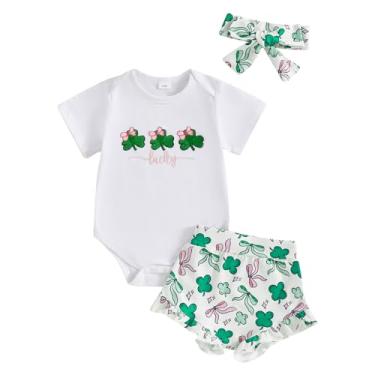 Imagem de AUJUBUY Macacão feminino de manga curta para bebês do primeiro dia de São Patrício, shorts de trevo My First St. Patricks, Branco, 12-18 Meses