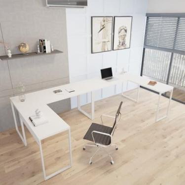 Imagem de Kit 2 Mesas de Escritório em L Estilo Industrial 1,50mx1,50m Kuadra Snow/Branco Chess