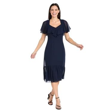 Imagem de R&M Richards Vestido midi capelet com decote coração de chiffon feminino com saia franzida para coquetel, convidada de casamento, Azul marino, 50
