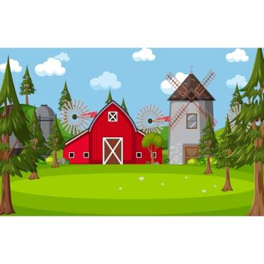 Imagem de Pano de fundo de celeiro vermelho fazenda, moinho de vento, pinheiro, árvore, fotografia de casa de fazenda, tema de animais de fazenda, tema de colheita, celeiro, prado, colheita, aniversário, festa,