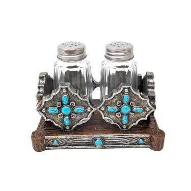 Imagem de BestGiftEver Saleiro e pimenteiro de pedra turquesa | Charme rústico para cozinha e jantar | Conjunto de pedras turquesa nativas americanas com sal e pimenteiro cruz | Decoração ocidental