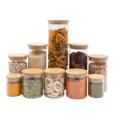 Imagem de kit com 10 potes de vidro tampa de bambu hermético redondo mantimento - Oikos