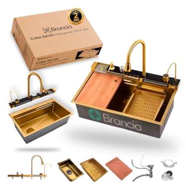 Imagem de Cuba de Cozinha Cascata Torneira Inteligente Gourmet Super Flexivel Monocomando Premiun Inox 304 Kit Completo e Com Acessorios Dourada