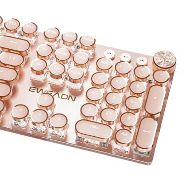 Imagem de TISHLED Teclado mecânico para jogos estilo máquina de escrever branco retroiluminado por LED 104 teclas NKRO rosa interruptores redondos retrô anel dourado botão de volume painel de metal cabo