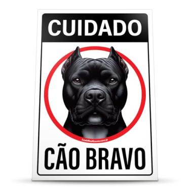 Imagem de Look Placas de Sinalização Placa Sinalização Cuidado Pitbull Preto Cão Bravo 20x30cm