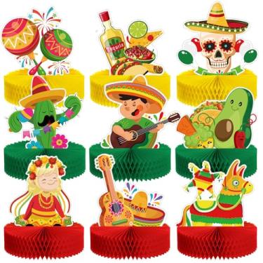 Imagem de Sumind 9 Pieces Mexican Fiesta Party Decorations Cinco De Mayo Honeycomb Table Centerpiece 9'' Fiesta Table Decorations for Mexican Birthday Taco Tuesday Carnivals Party Supplies Favors