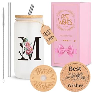 Imagem de HWJH Copo de vidro inicial personalizado para mulheres, copos de vidro de 473 ml com tampas e canudos, conjunto de presente monogramado, copo reutilizável fosco com caixa de presente/porta-copos de
