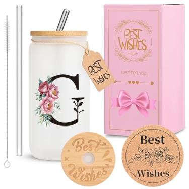 Imagem de HWJH Copo de vidro inicial personalizado para mulheres - copo de vidro à prova de vazamento de 473 ml com tampa e canudos, conjunto de presente monogramado, copo reutilizável fosco fosco para café,