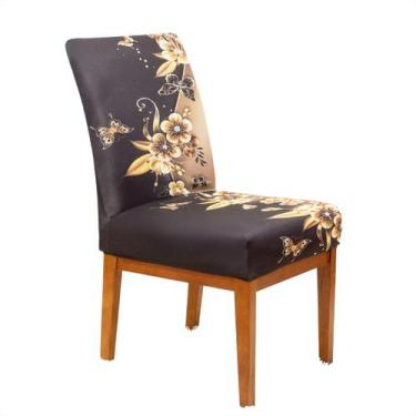Imagem de Kit 2 Capas de Cadeira Jantar Malha Elastex Luxo Flores Douradas - Cha