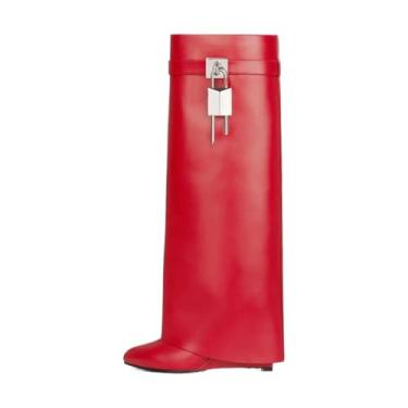 Imagem de keleimusi Botas de salto plataforma dobrável com salto Padlock na altura do joelho botas altas/curtas, Vermelho, 8