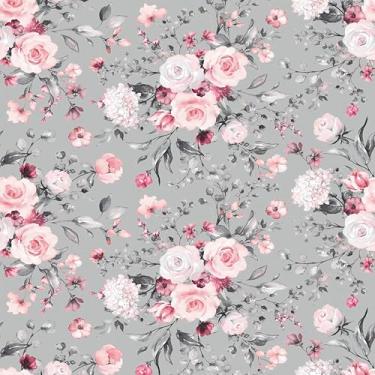 Imagem de Papel De Parede Floral Rosa Branca Flor Cinza Lavável 10m