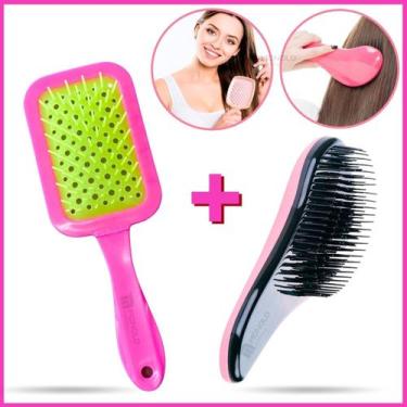 Imagem de Kit Escova Cabelo Raquete Vazada + Escova Mágica Cerda Macia Desembara