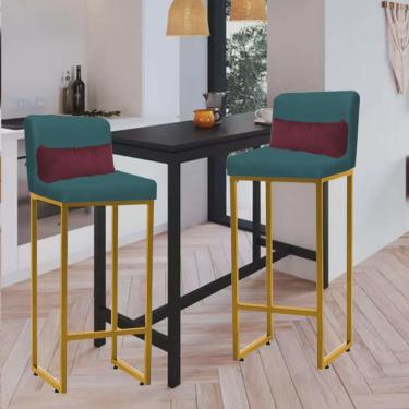 Imagem de Kit 02 Banqueta Alta com Encosto Lucca Industrial Cozinha Balcão Ferro Dourado Suede Azul Turquesa e Almofada Bordô - Ahz Móveis