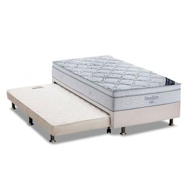 Imagem de Cama Box c/Auxiliar Solteiro: Colchão Ortobom SuperPocket Freedom Visco + Base crc Courano Branco(88x188)