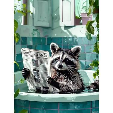 Imagem de QLTBPVJK Kits de pintura de diamante para banheira de jornal guaxinim para adultos, kit de arte de pintura de diamante de animais para adultos, pintura de perfuração completa por Diamonds Art and