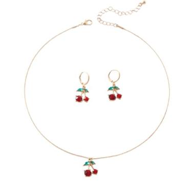 Imagem de Brinco de cereja de cristal vermelho conjunto de joias criativo bonito verão fruta tropical cesta gargantilha doce brilhante folha verde rubi vermelho cereja argola brincos joias para mulheres, Zinco