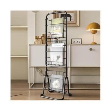 Imagem de Porta-jornais de chão Porta-revistas de chão, prateleira móvel multicamadas para exposição de revistas, organizador de armazenamento de escritório, prateleiras Porta-revistas de chão(Preto)