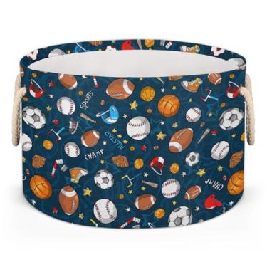 Imagem de Cesta de armazenamento redonda grande esportiva Basktball beisebol dobrável círculo cesto de armazenamento cesto de roupa suja com alça para crianças, meninos, meninas, brinquedo, quarto, sala de
