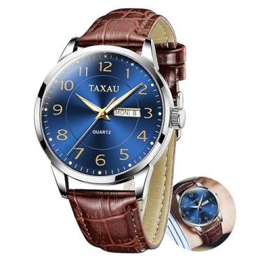 Imagem de Taxua Relógio masculino pulseira de couro, relógios analógicos masculinos de fácil leitura com data do dia, relógios impermeáveis para homens, relógio masculino clássico com numerais arábicos,