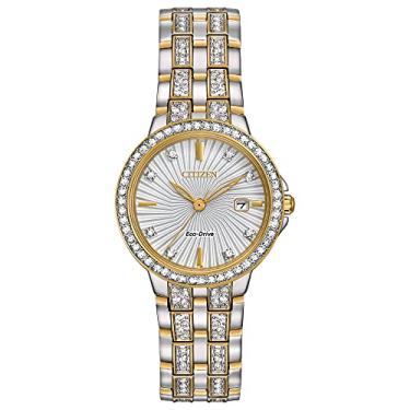 Imagem de Citizen Relógio feminino clássico Eco-Drive, aço inoxidável, cristal, Pulseira de dois tons, mostrador prateado, Movimento de quartzo