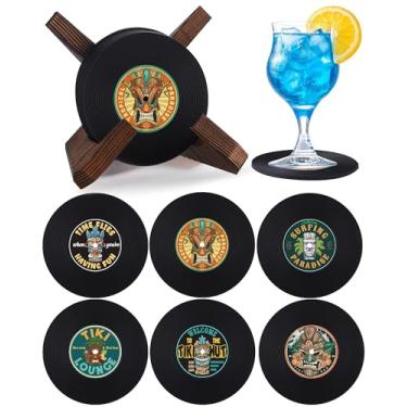 Imagem de Hushee Conjunto de 6 porta-copos Tiki Bar com suporte Tiki Bar de silicone retrô para discos de vinil com suporte de madeira para bebidas ao ar livre para pátio, decoração de casa, presente para
