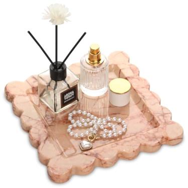 Imagem de Bandeja decorativa quadrada de mármore com borda recortada, bandeja luxuosa de pedra natural para banheiro, cômoda, perfume, café, casa, cozinha, pia, anel (rosa, 20 x 20)